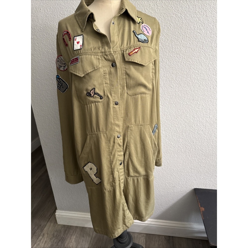 ZARA‎ TRF Outerwear Button Up Shirt Dress Womens Medium Green Patch Long Sleeve